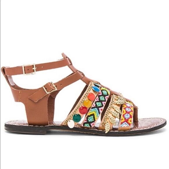 SAM EDELMAN Lanai Embellished Strappy Flat Sandals In Saddle - Picture 1 of 14